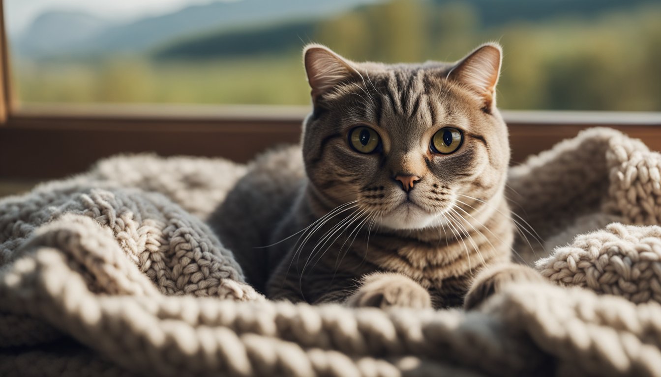 A Scottish Fold cat with folded ears sits on a cozy knitted blanket, gazing out a window at the rolling hills of the Scottish countryside