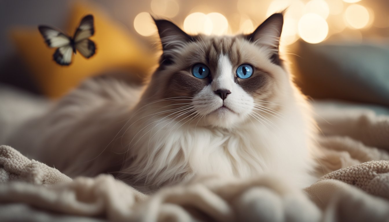 A playful ragdoll cat lounges on a cozy blanket, gazing curiously at a fluttering butterfly