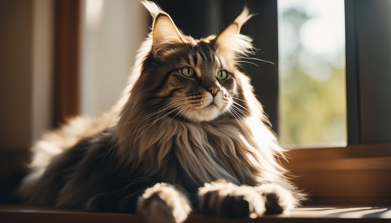 A Maine Coon cat lounges in a sun-drenched window, its fluffy fur glowing in the warm light. Its large, tufted ears twitch as it watches birds outside