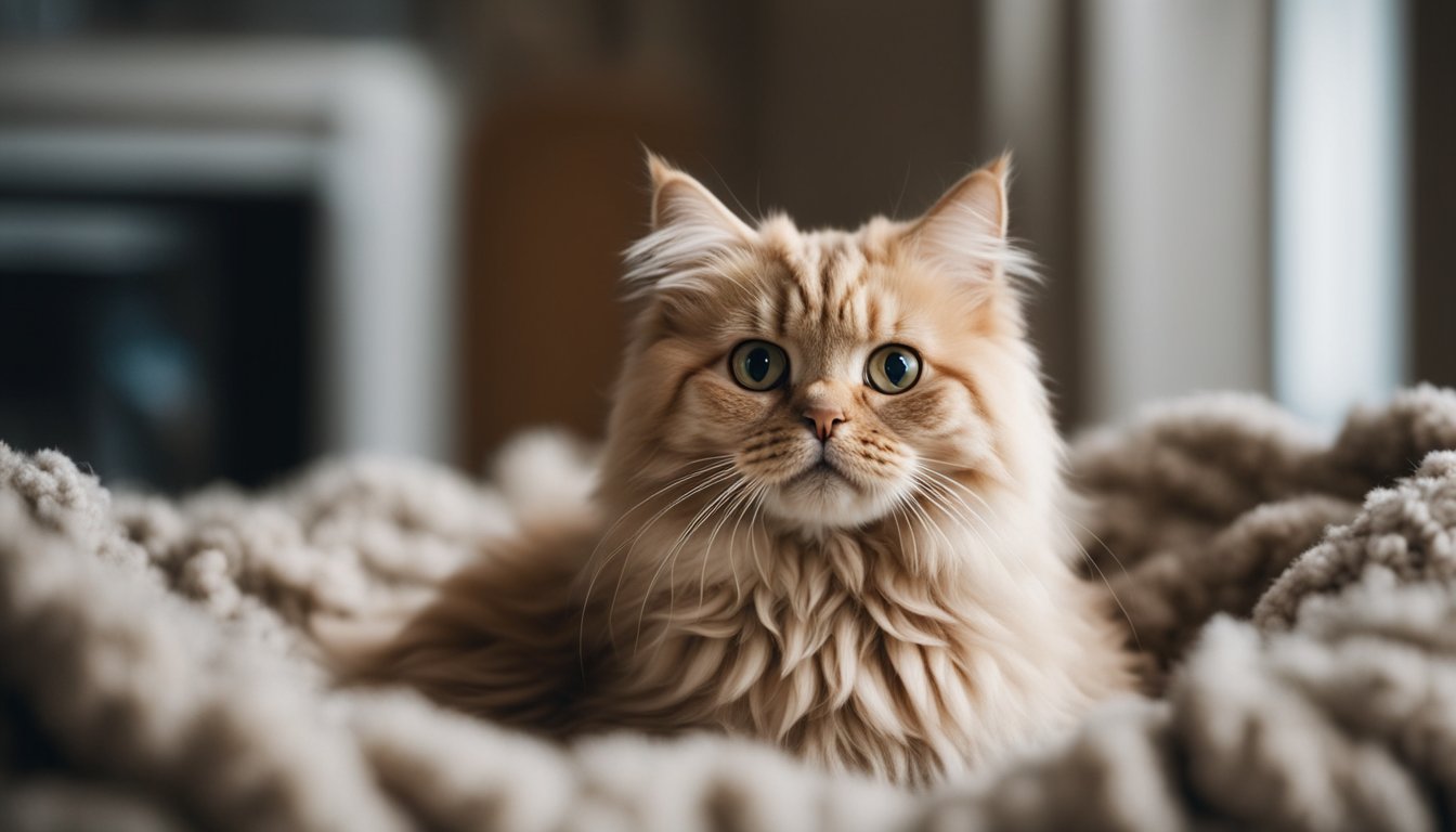 A fluffy Selkirk Rex cat with curly fur sits on a cozy blanket, looking up with big, round eyes