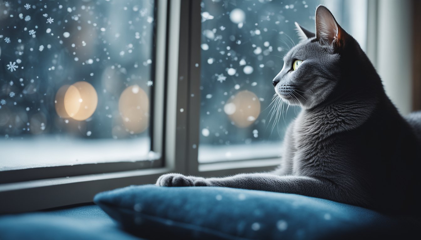 A Russian Blue cat lounges on a velvet cushion, gazing out a window at falling snowflakes