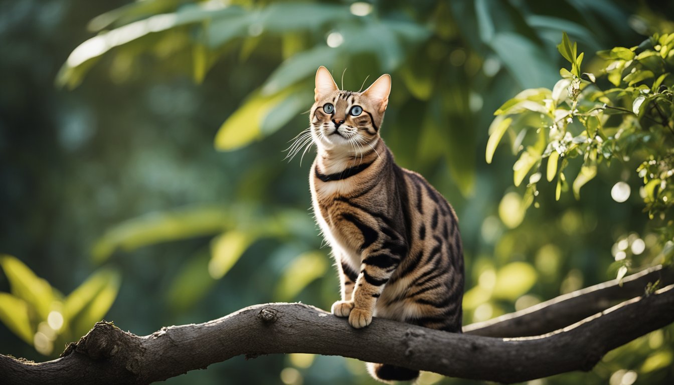 A playful Bengal cat perched on a tree branch, gazing curiously at a fluttering butterfly