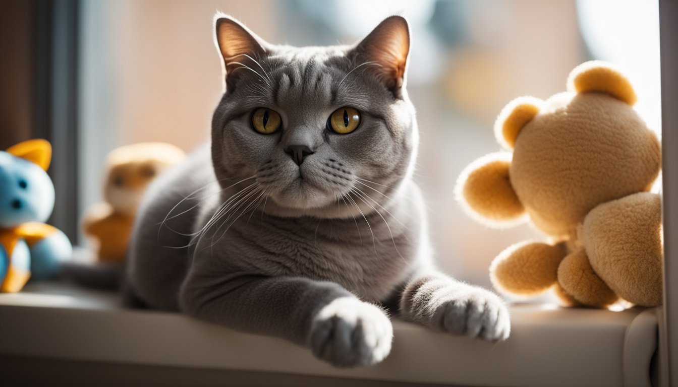 A British Shorthair cat with round face and big eyes lounging on a cozy window seat, surrounded by plush toys and basking in the warm sunlight