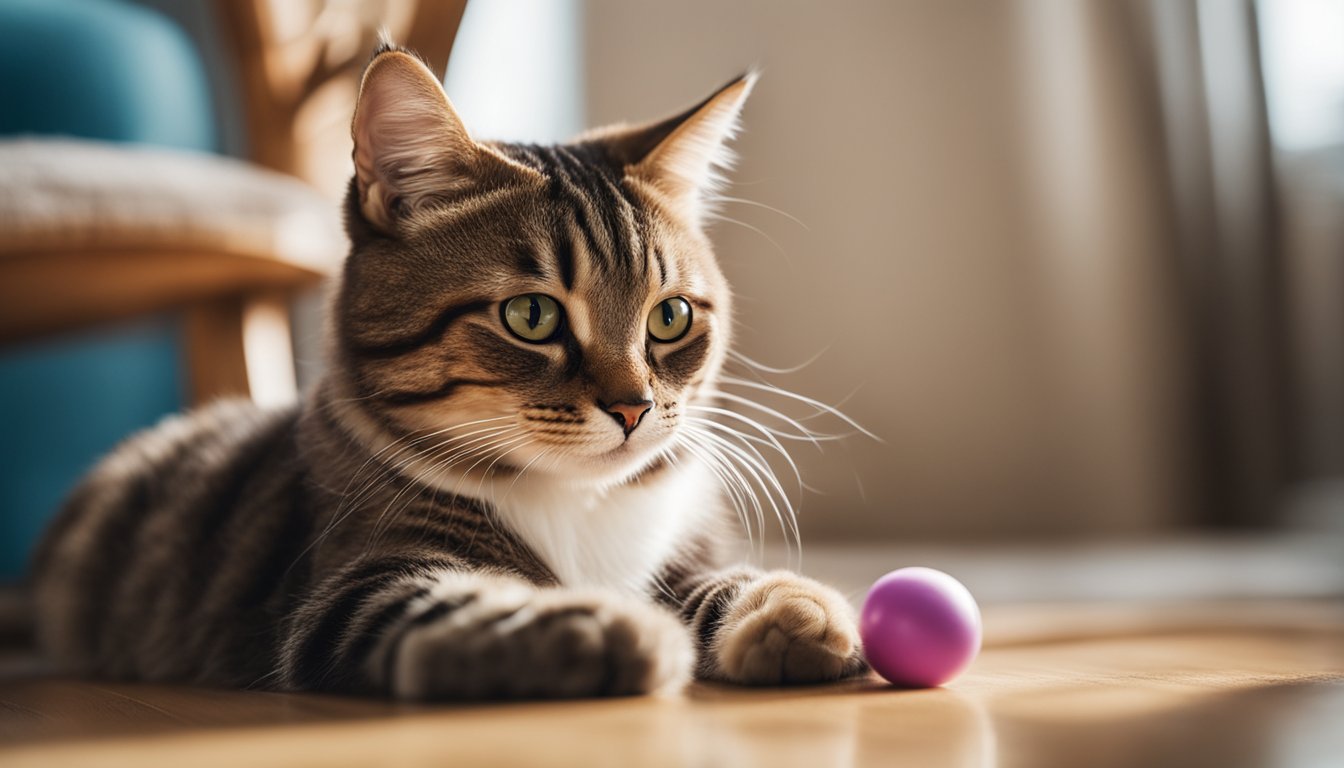 An American Bobtail cat playing with a toy mouse in a cozy living room