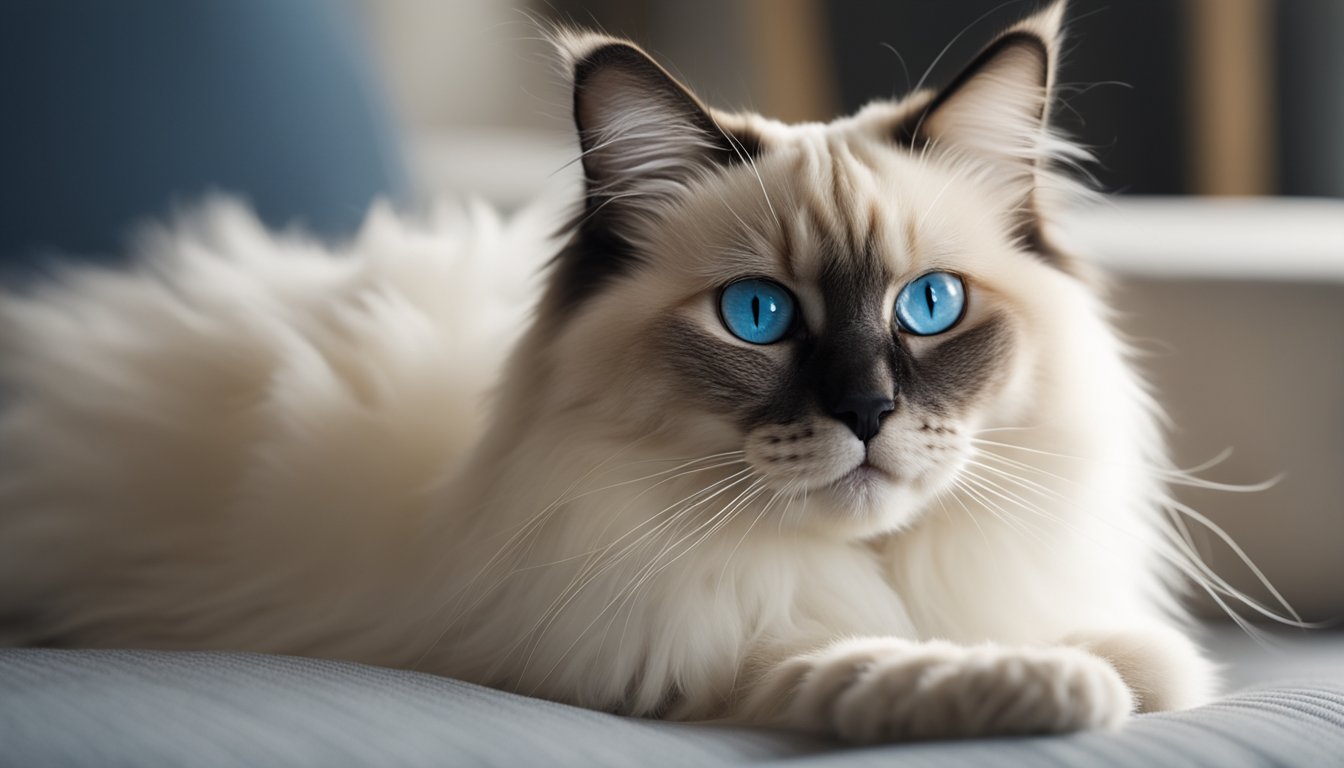 A fluffy Birman cat lounging on a soft cushion, with its piercing blue eyes and long, silky fur creating an image of elegance and grace