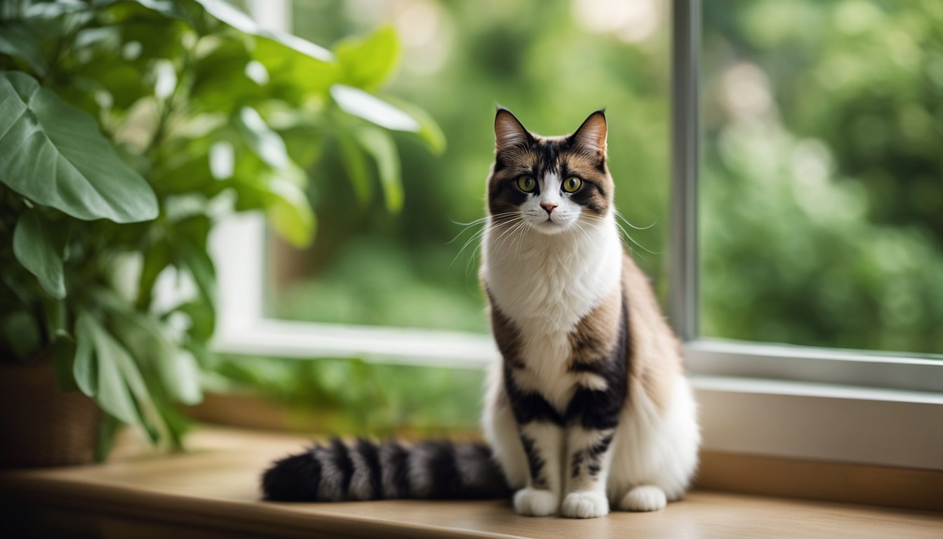 A Manx cat with a short, stubby tail sits on a windowsill, overlooking a lush green garden. Its large, round eyes and fluffy coat make it one of the cutest cat breeds