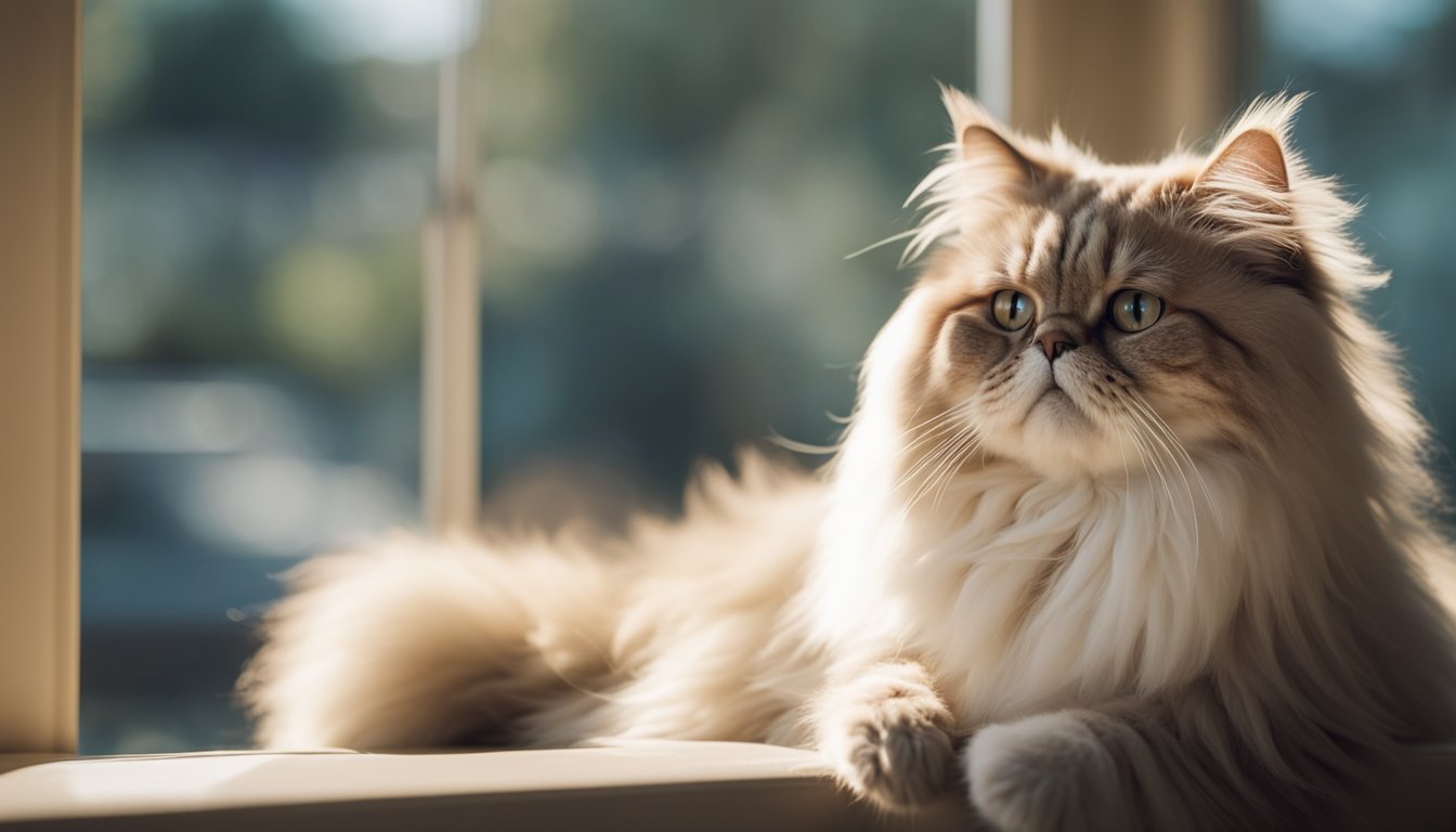 A fluffy Persian cat lounging in a sunlit window, surrounded by luxurious pillows and gazing out at the world with big, bright eyes