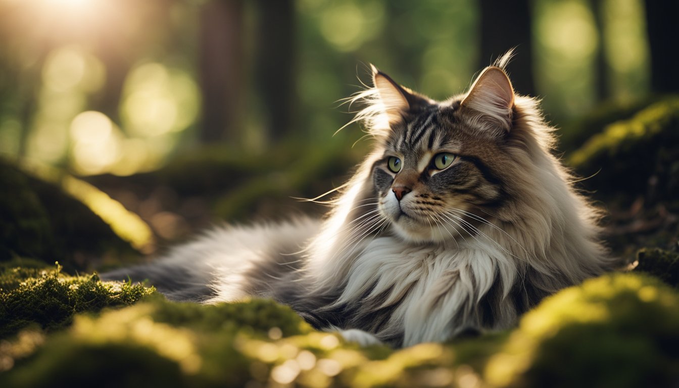 A fluffy Norwegian Forest cat lounges on a mossy forest floor, surrounded by towering trees and dappled sunlight