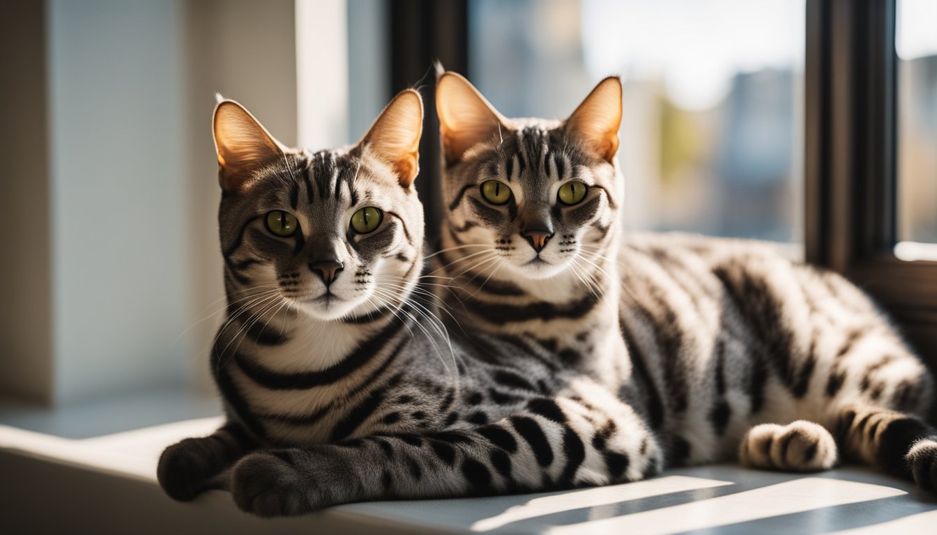 An Egyptian Mau cat lounging on a sunlit windowsill, its sleek spotted coat glinting in the warm light