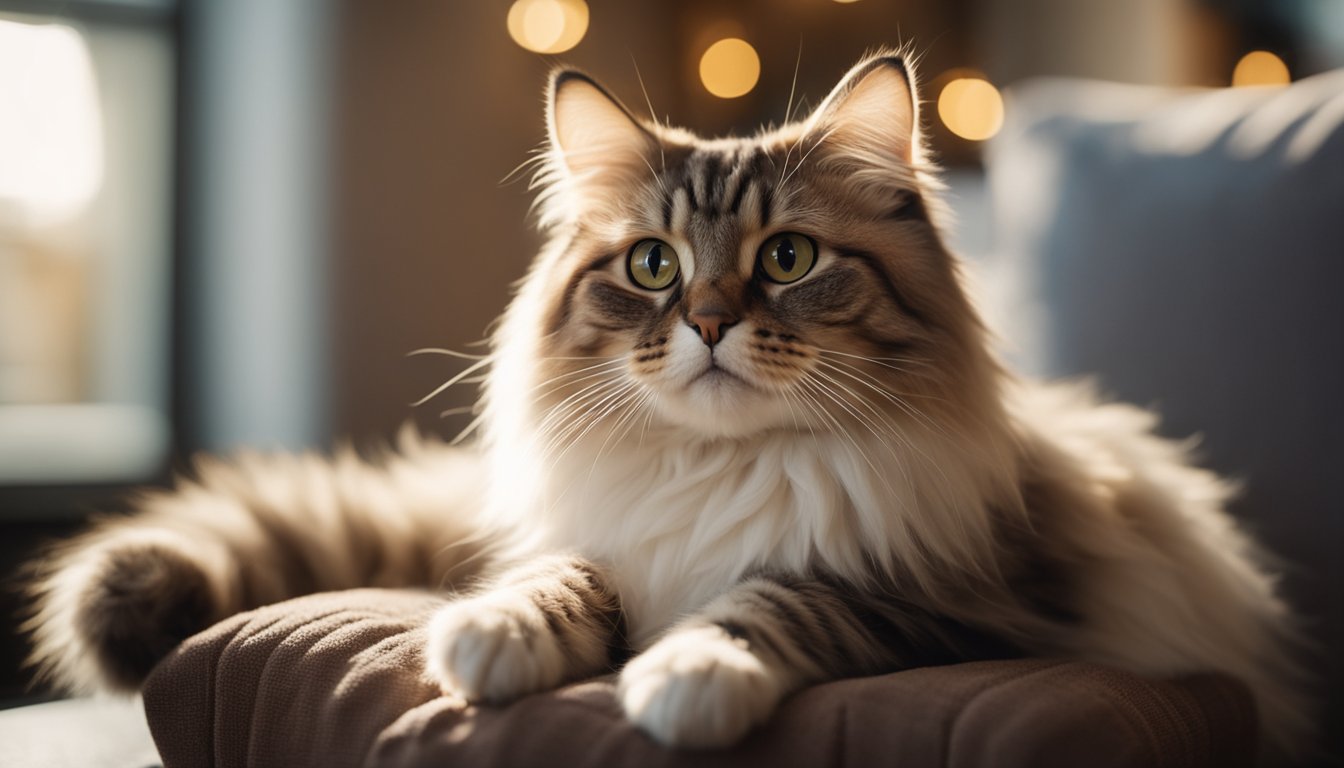 A fluffy RagaMuffin cat with big eyes and a sweet expression, sitting on a cozy cushion in a sunlit room