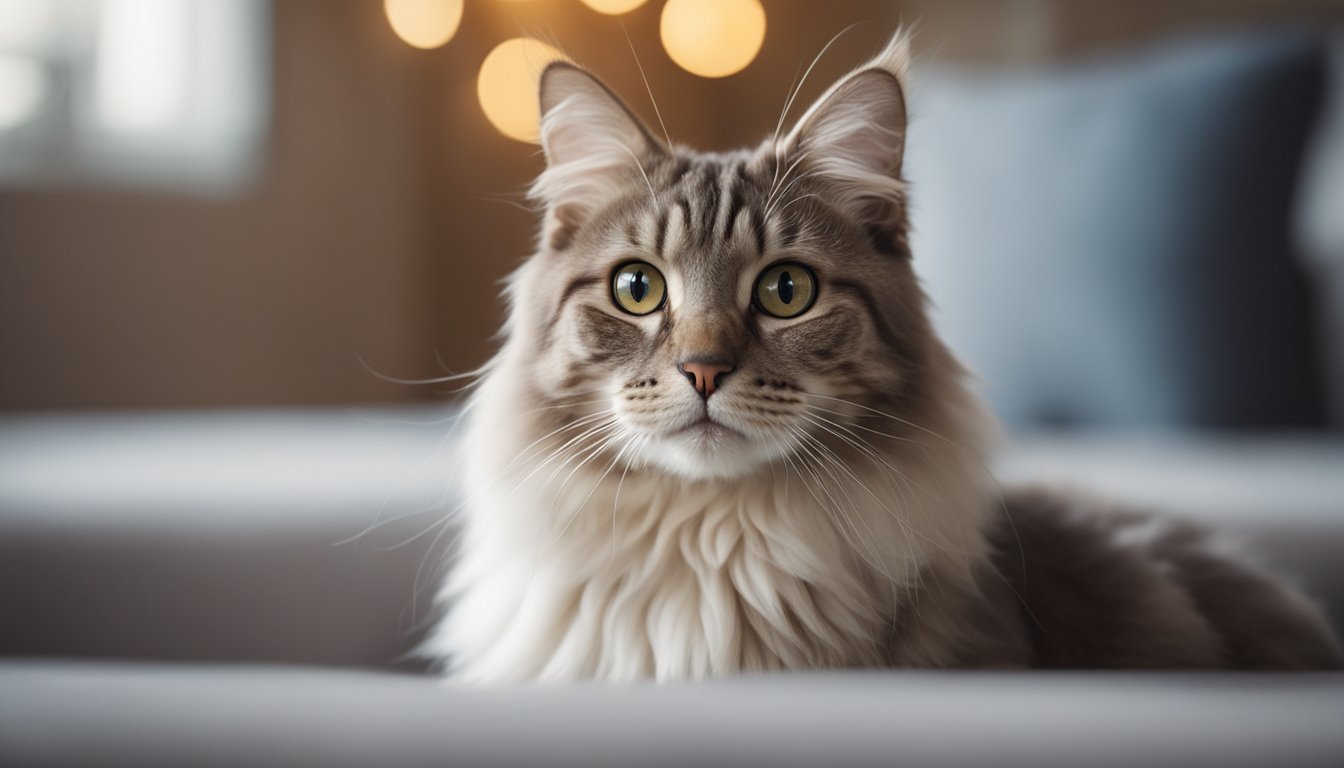 An American Curl cat with distinctive curled ears sits on a soft cushion, looking up with big, expressive eyes